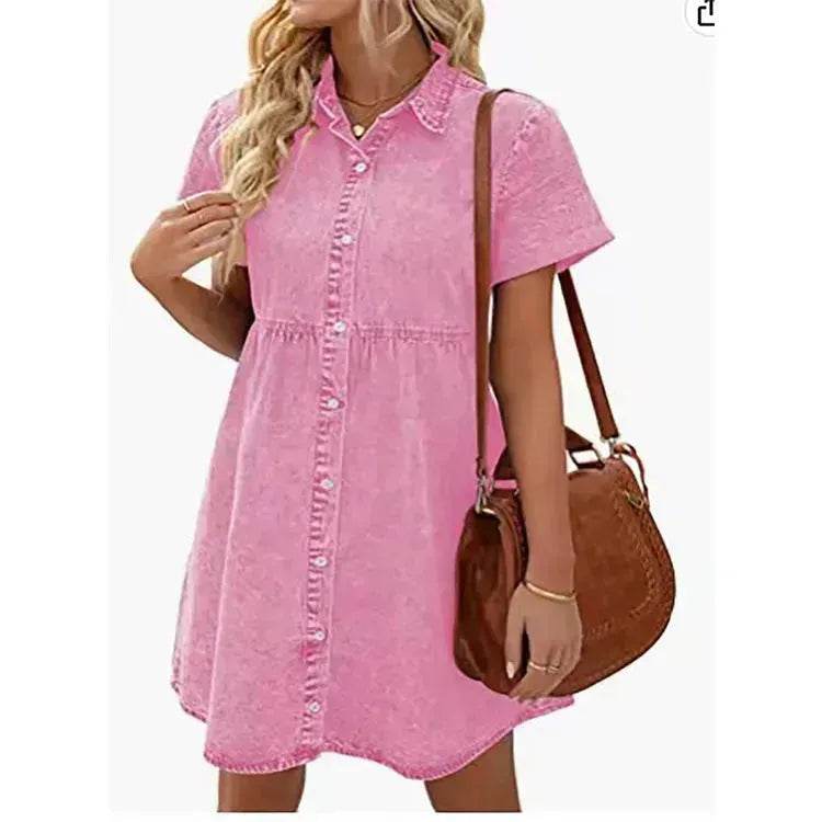 European And American Washed Denim Lapel Ruffled Denim Dress Jeans Flared dress Casual Denim mini dress - Velora