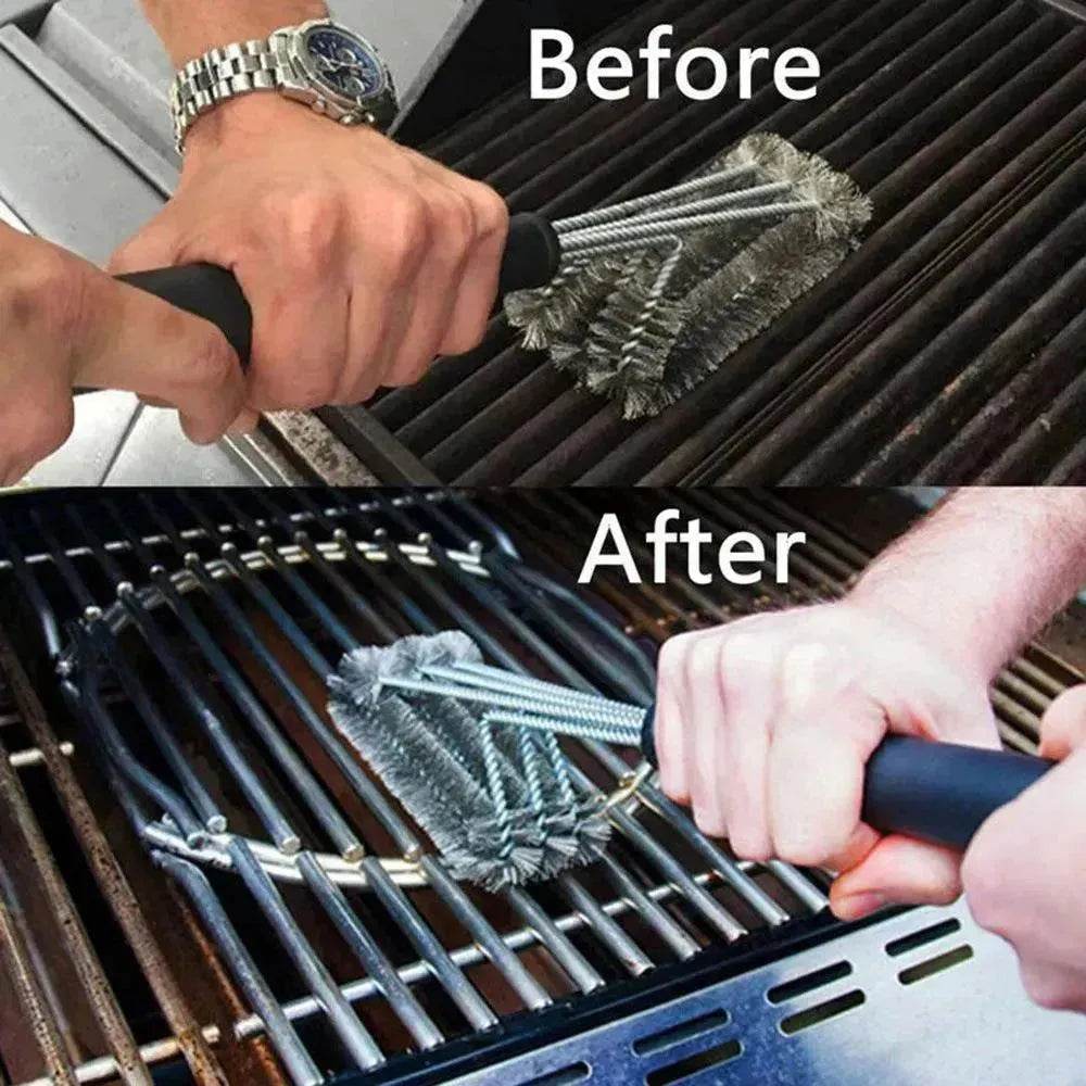 18-inch Three-head Barbecue Grill Cleaning Brush Steel Wire Oven Outdoor BBQ Tools - Velora