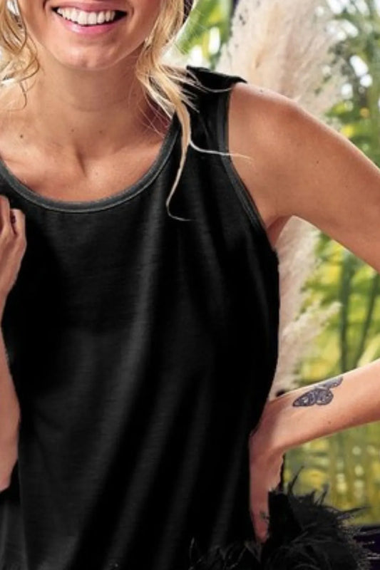 BiBi French Terry Faux Feather Bottom Back Tied Top - Velora