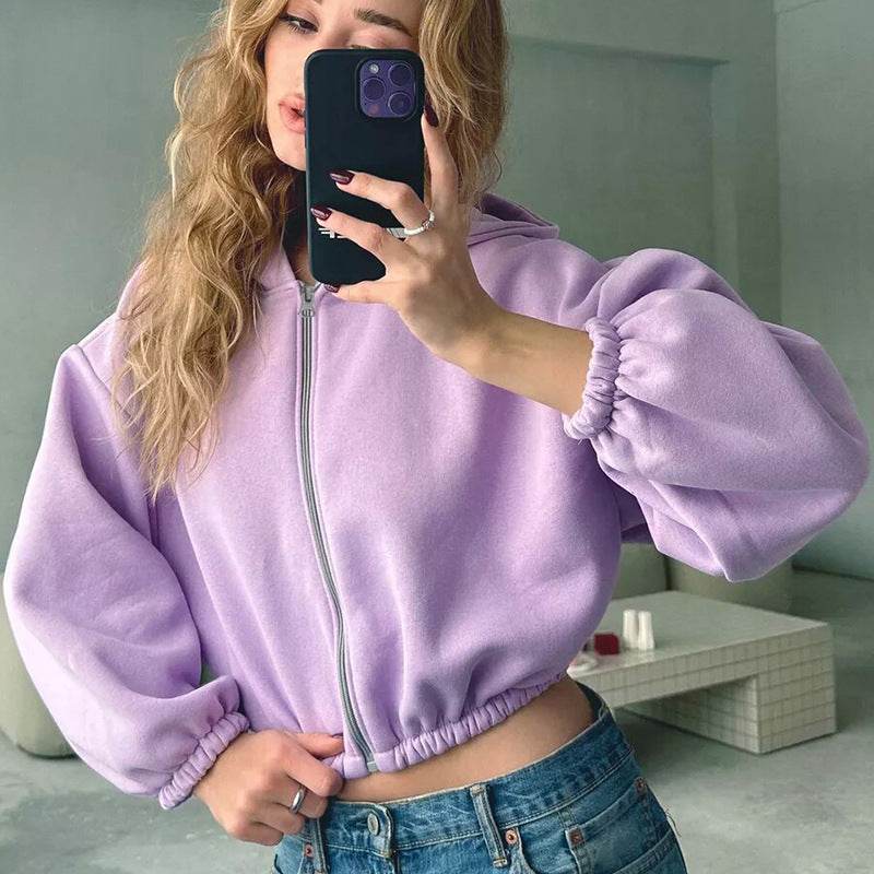Casual Solid Color Hooded Short Jacket Y2K Fashion Sports Sweatshirt Long Sleeve Zip Up Cardigan Hoodies Women's Clothing - Velora