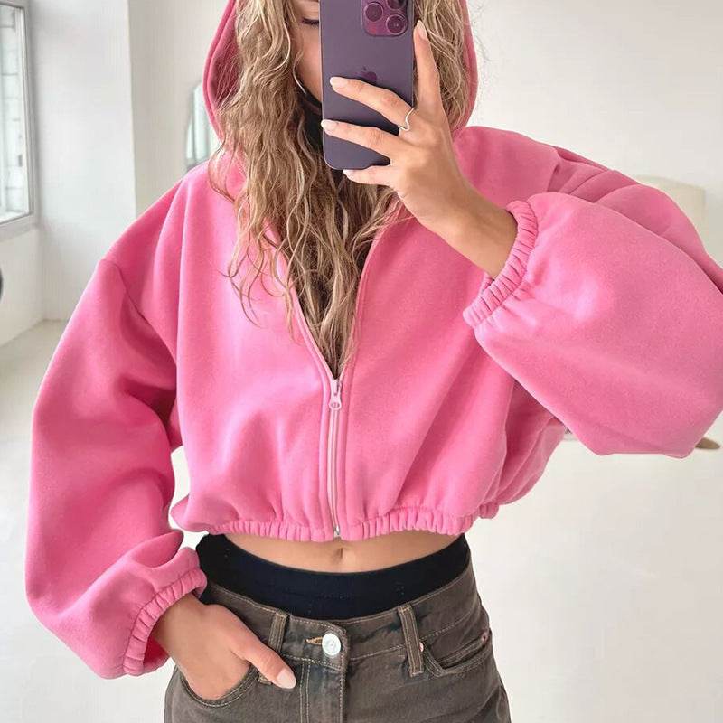 Casual Solid Color Hooded Short Jacket Y2K Fashion Sports Sweatshirt Long Sleeve Zip Up Cardigan Hoodies Women's Clothing - Velora