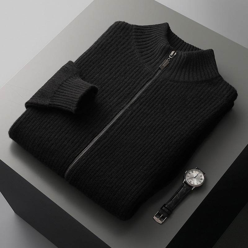 Thickened Autumn And Winter Wool Cardigan Men's Stand Collar Zipper Knitted Jacket With Pocket - Velora