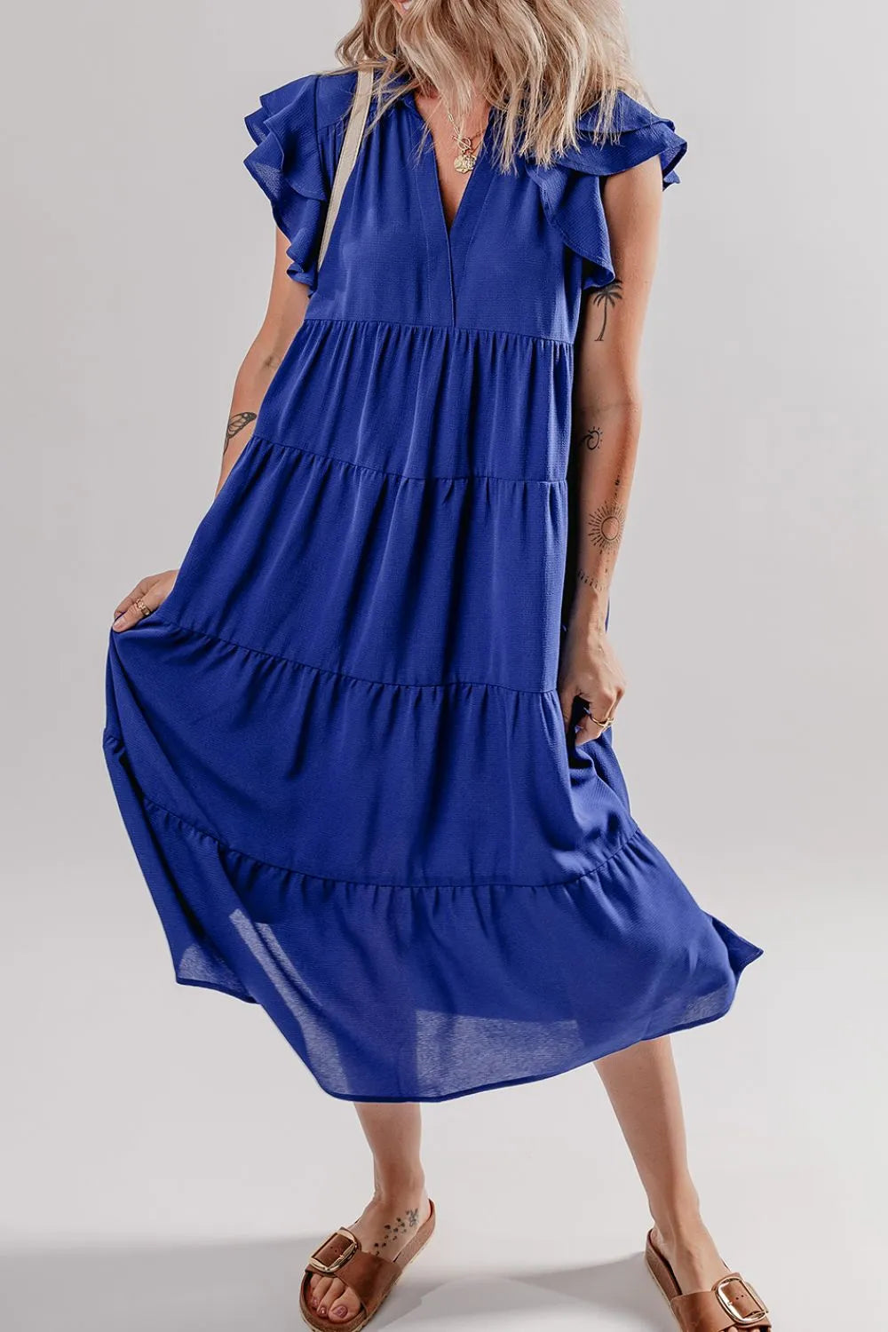 Ruffled Short Sleeve Collared V Neck Tiered Midi Dress - Velora
