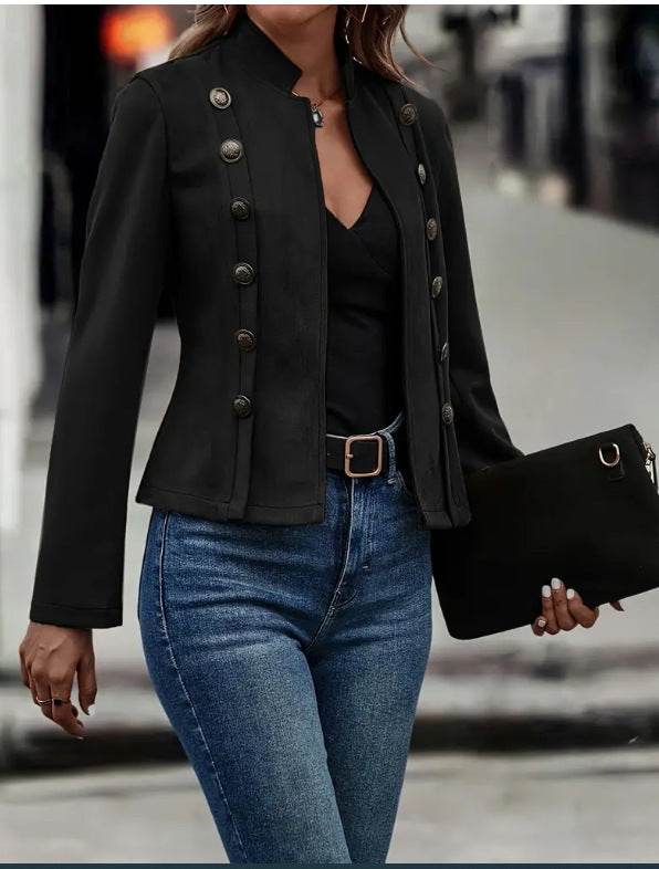 Solid Short Jacket Double Breasted Decorative Design Fashion Retro Suede Long Sleeve Outwear Tops Coat For Womens Clothing - Velora