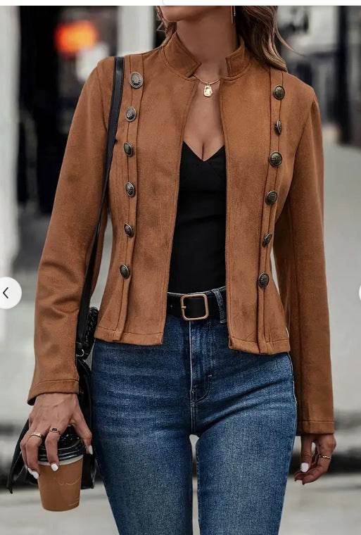 Solid Short Jacket Double Breasted Decorative Design Fashion Retro Suede Long Sleeve Outwear Tops Coat For Womens Clothing - Velora