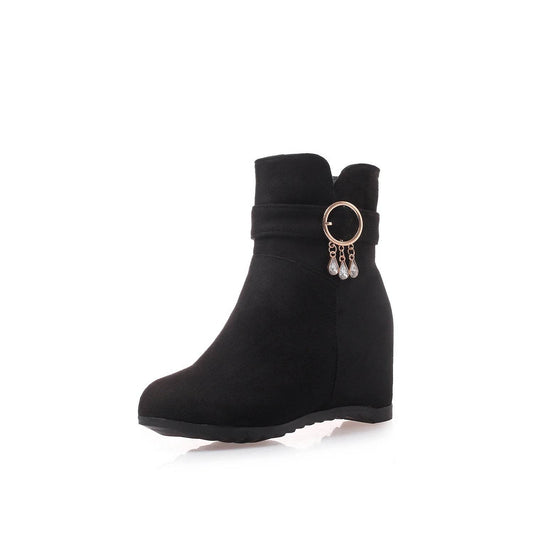 Fringed Round Toe Wedge Heel Winter Ladies Short Boots - Velora