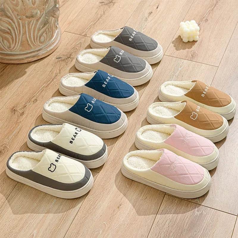 Rhombic Sewing Plush Slippers For Men Winter Warm Non-slip House Shoes Women's Bedroom Floor Home Slipper Couple - Velora