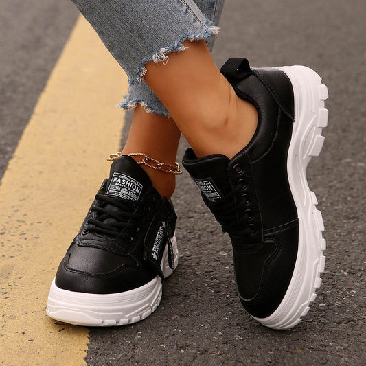 Lace-up Sports Shoes With Side-Zipper Design Fashion Thick-soled Round-toe Casual Shoes For Women Sneakers - Velora