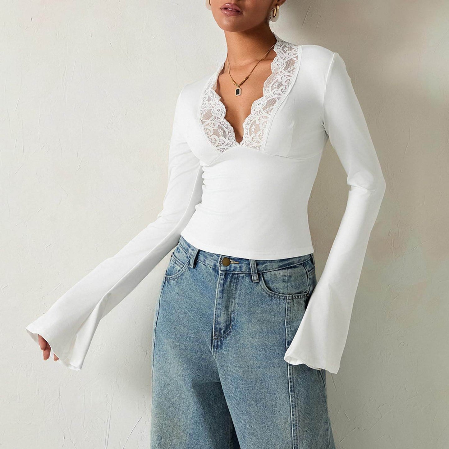 Slim V-neck Lace T-Shirt Ins Fashion Trumpet Sleeve Long-sleeved Top Women Clothing - Velora