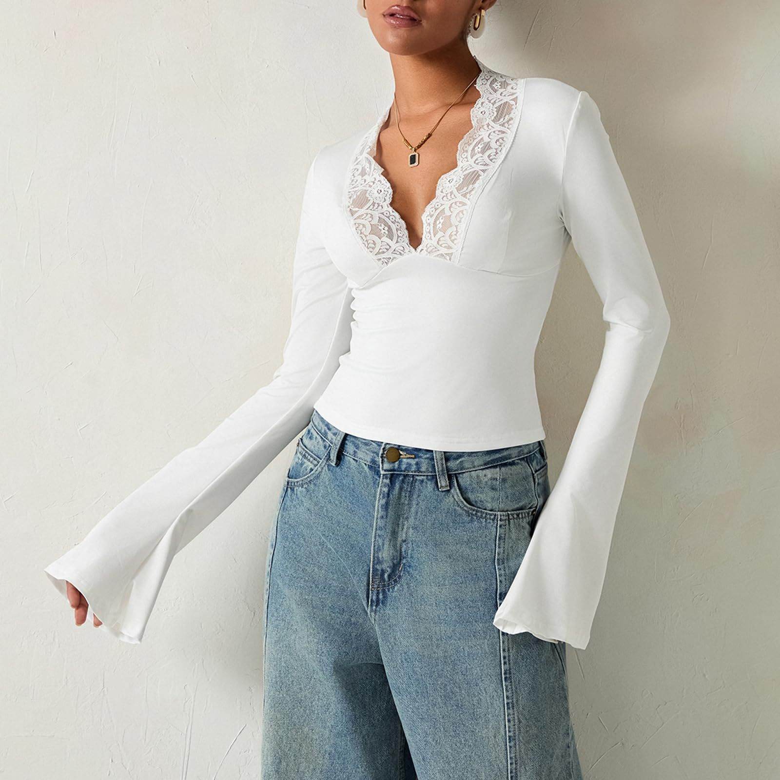 Slim V-neck Lace T-Shirt Ins Fashion Trumpet Sleeve Long-sleeved Top Women Clothing - Velora