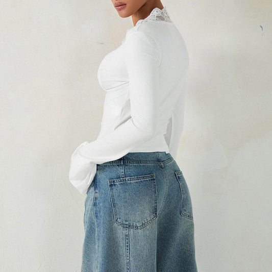 Slim V-neck Lace Ins Fashion Trumpet Sleeve Long-sleeved tank Top Women Clothing - Velora