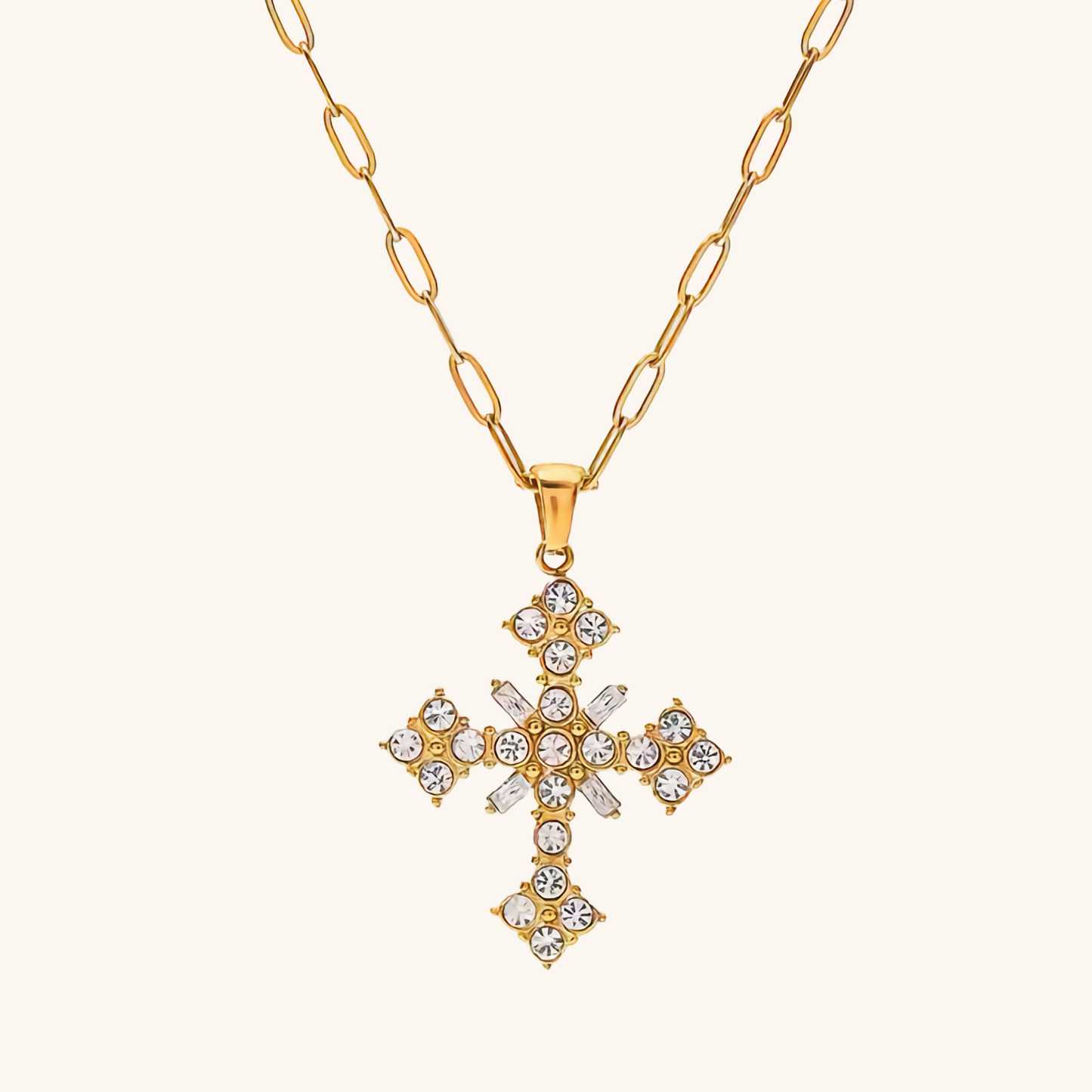 18k Gold-Plated Crystal Cross Necklace with Paperclip Chain – Waterproof, Hypoallergenic Jewelry for Women - Velora