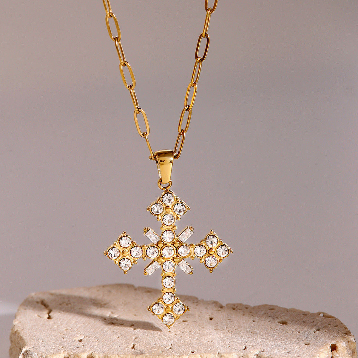 18k Gold-Plated Crystal Cross Necklace with Paperclip Chain – Waterproof, Hypoallergenic Jewelry for Women - Velora