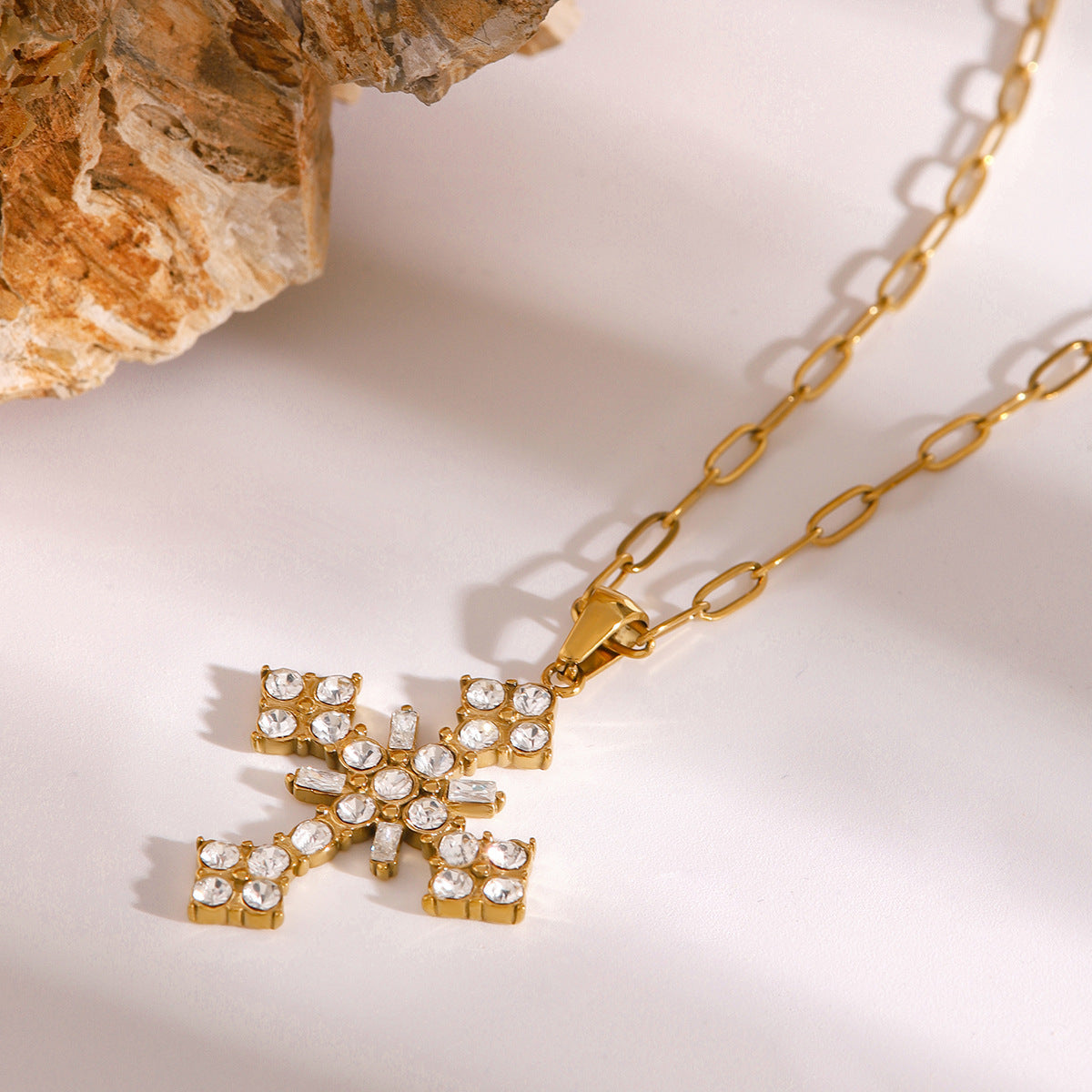 18k Gold-Plated Crystal Cross Necklace with Paperclip Chain – Waterproof, Hypoallergenic Jewelry for Women - Velora
