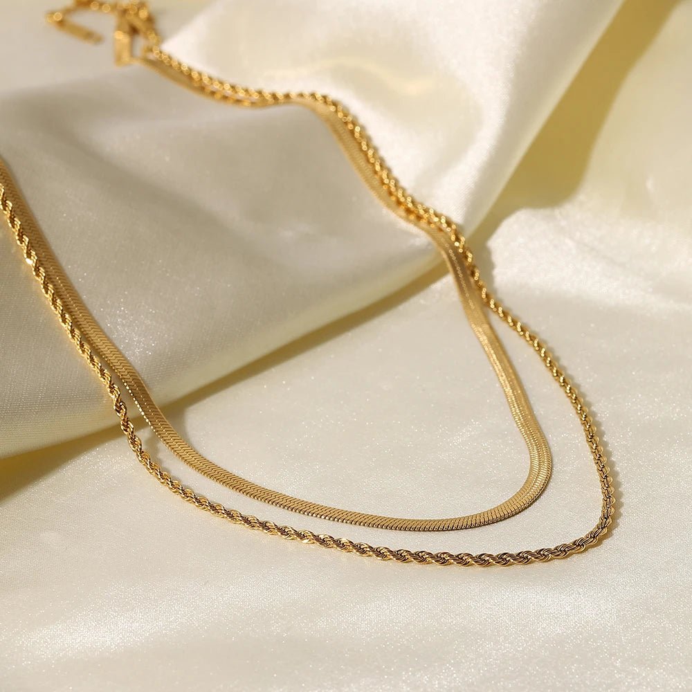 18k Gold Plated Layered Herringbone and Rope Chain Necklace for Women - Elegant Gold Necklace - Velora