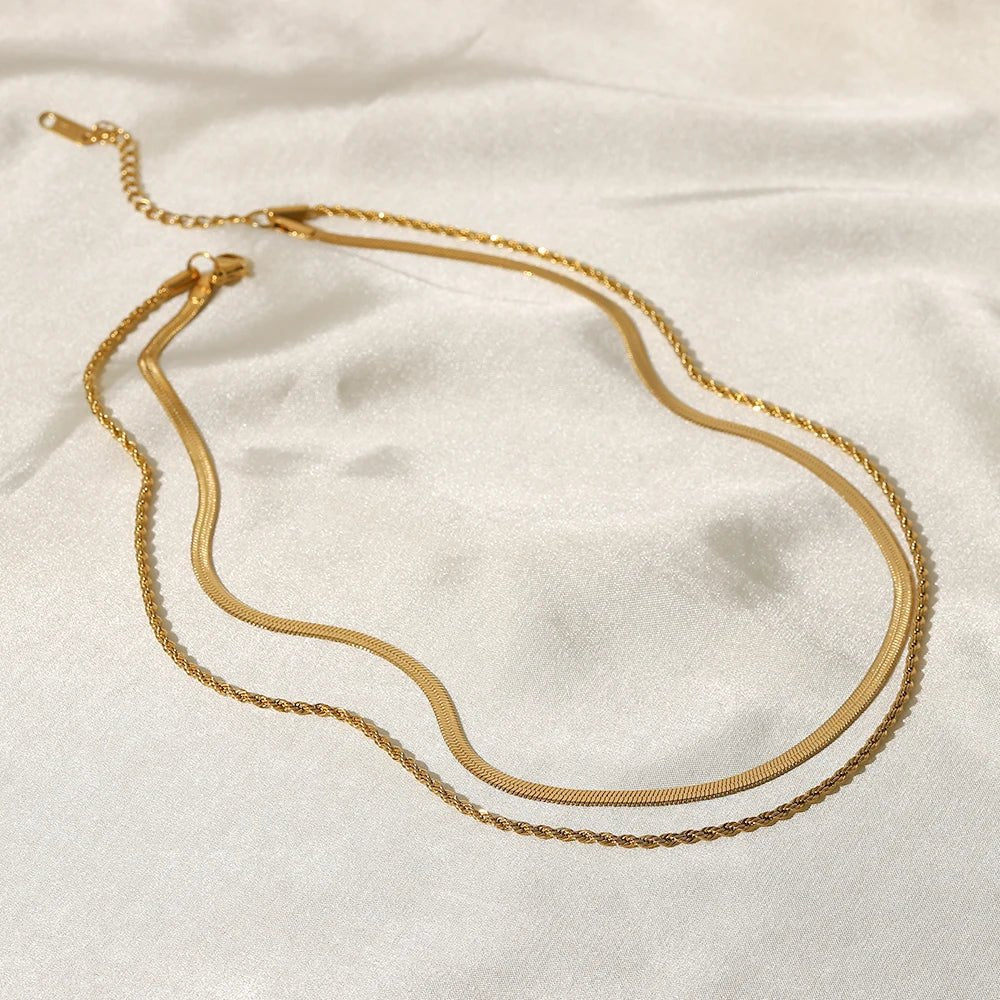18k Gold Plated Layered Herringbone and Rope Chain Necklace for Women - Elegant Gold Necklace - Velora