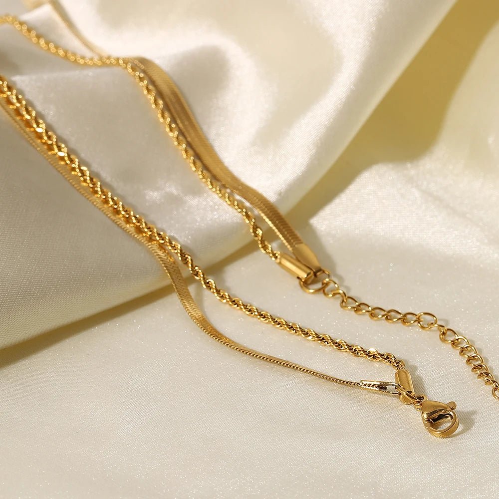 18k Gold Plated Layered Herringbone and Rope Chain Necklace for Women - Elegant Gold Necklace - Velora