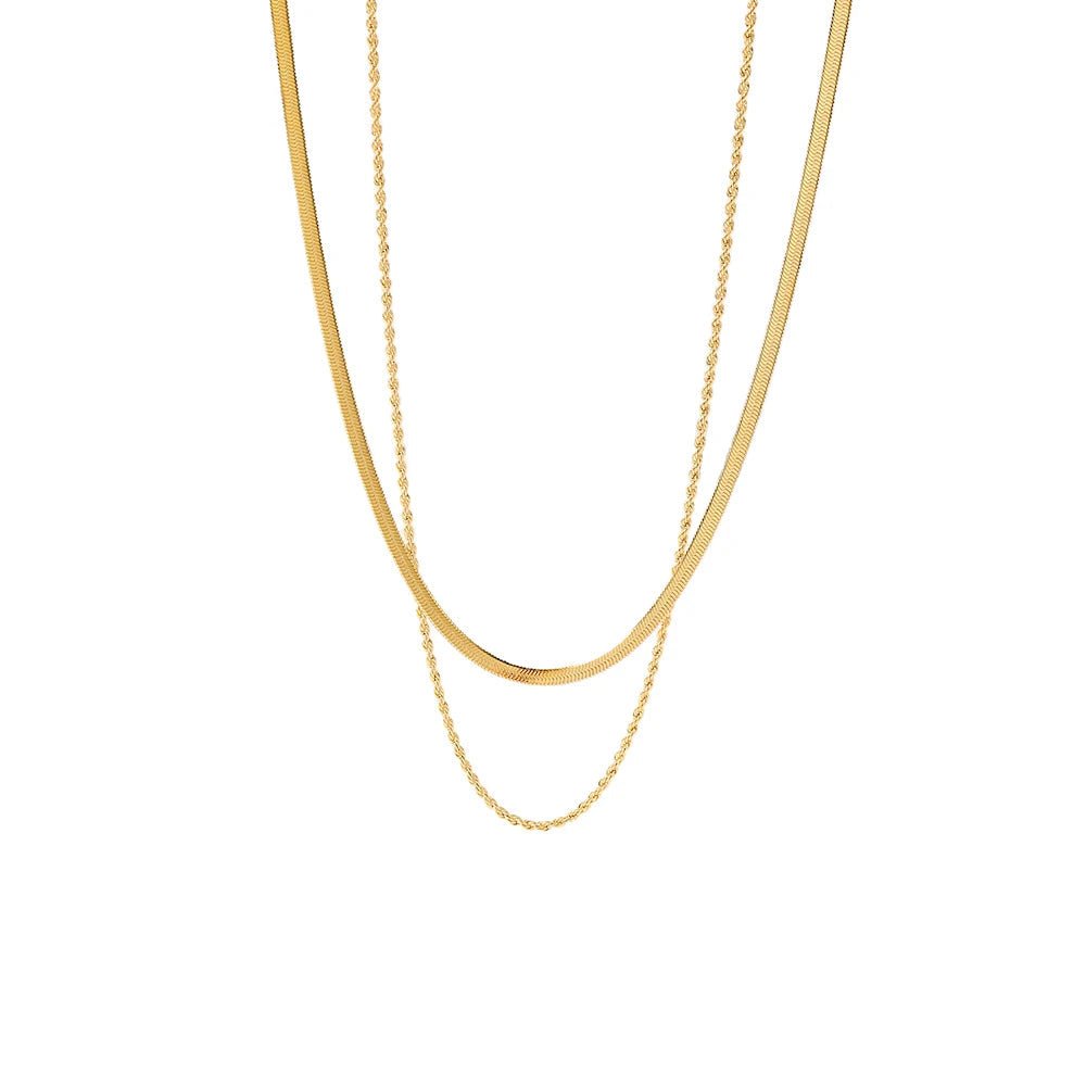 18k Gold Plated Layered Herringbone and Rope Chain Necklace for Women - Elegant Gold Necklace - Velora