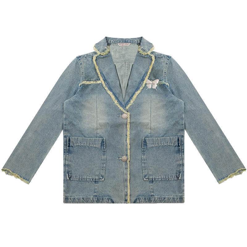 Loose Denim Jacket Polo Collar Single-Breasted Design - Velora