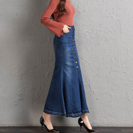 New Fashion Fitted Button up Mermaid Midi Denim Skirt - Velora
