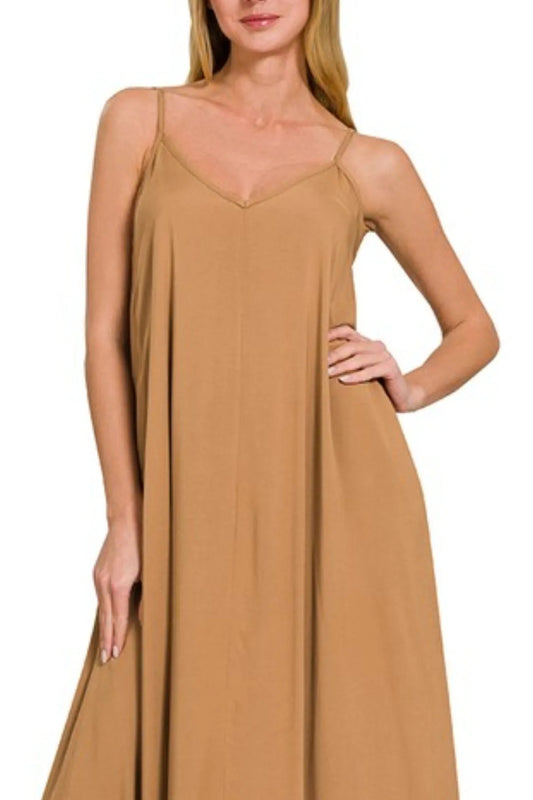 Zenana Woven Arc Hem Cami Dress With Flowy Pockets - Velora