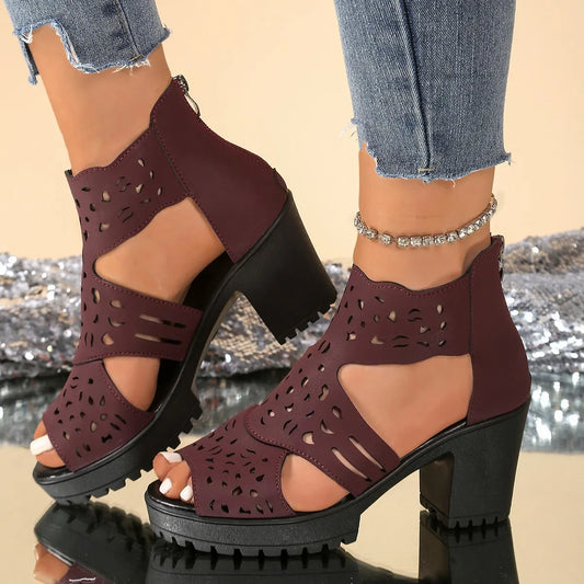 Cutout Block Heels Sandals - Velora