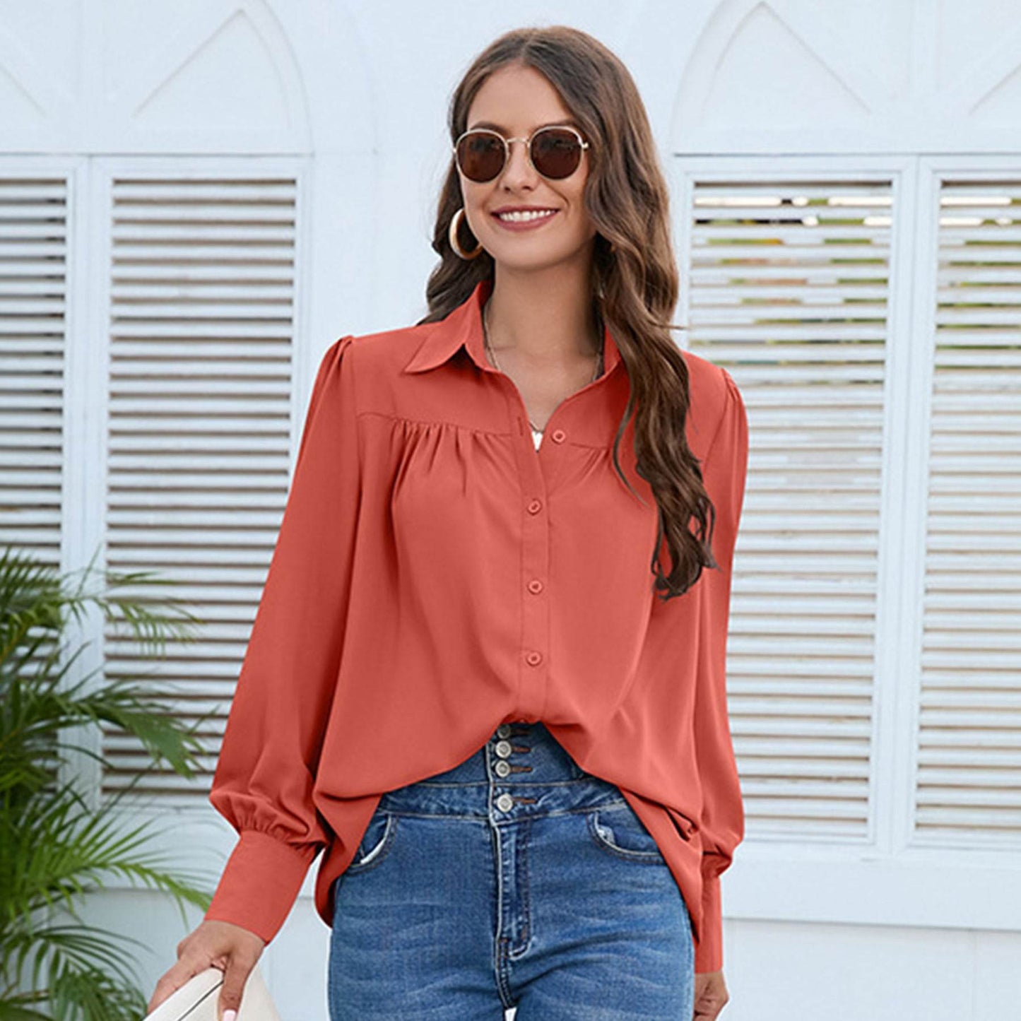 Women's Solid Color Simple Chiffon Pleated Long-sleeved Shirt - Velora