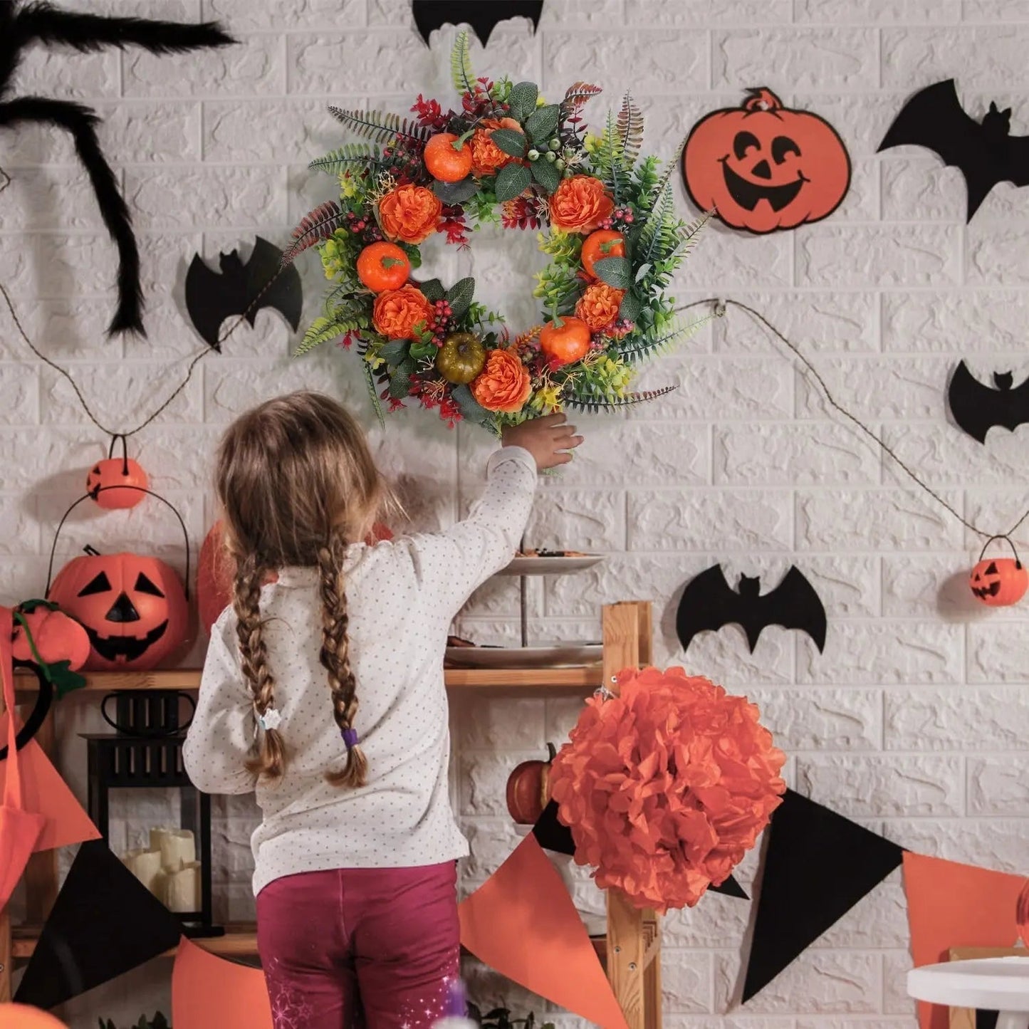 1Pc 17.71IN Autumn Wreath With Pumpkin Mixed Leaves Berries Flowers Fall Decoration For Indoor Outdoor Window Wall Front Door In Halloween Thanks Giving Day EX-STOCK Canada