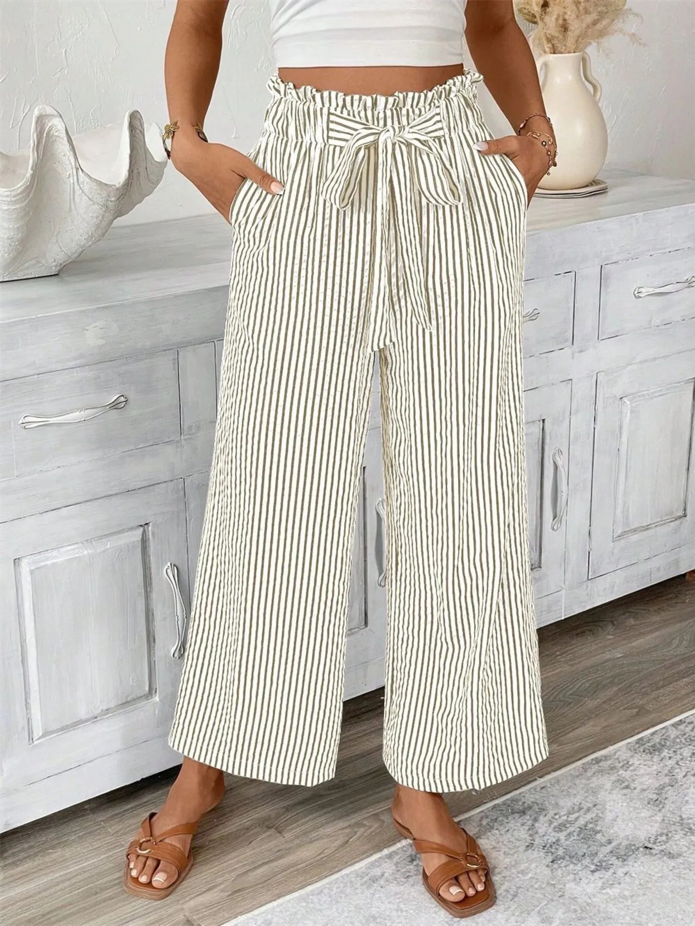 Full Size Striped Wide Leg Paper Bag Pants Plus Size - Velora
