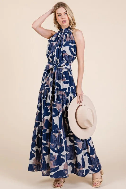 Lime 'N' Chili Abstract Halter Neck Tie-Waist Tiered Maxi Dress - Velora
