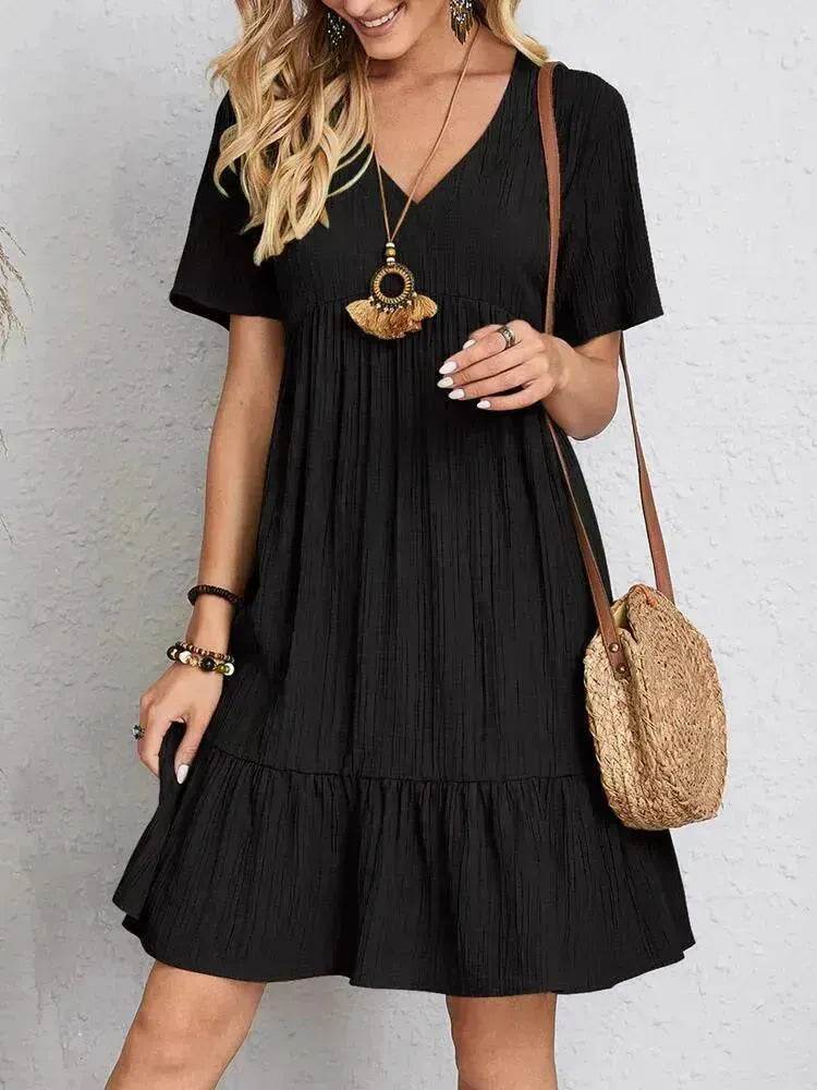 Summer Beach V-neck Dresses Women's Loose Casual Short-sleeved Loose Skater Dress for Chic Ladies - Velora
