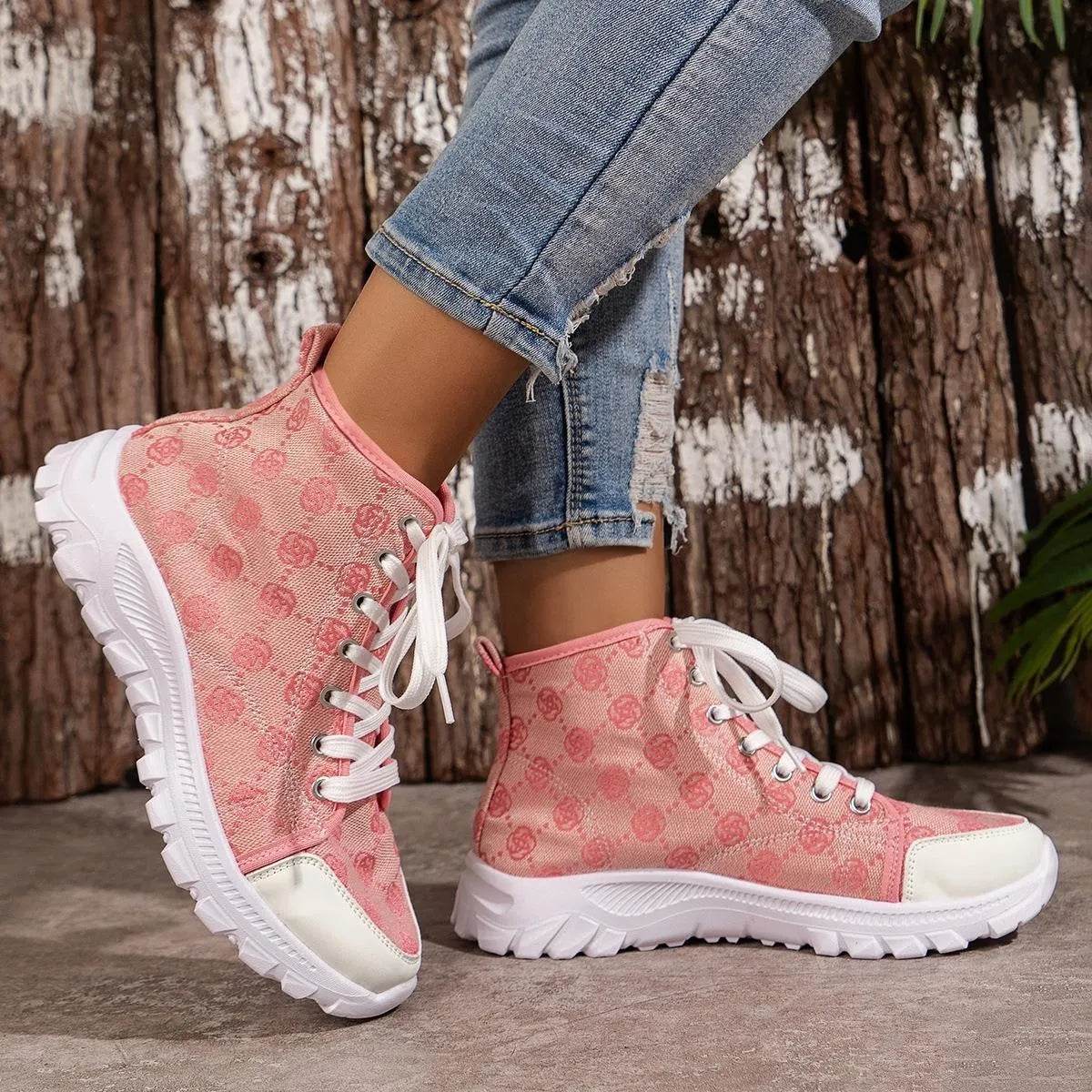 Rose-printed Lace-up Boots Fashion Breathable Canvas Shoes Sports Casual Non-slip Thick-soled Short Boot For Women - Velora