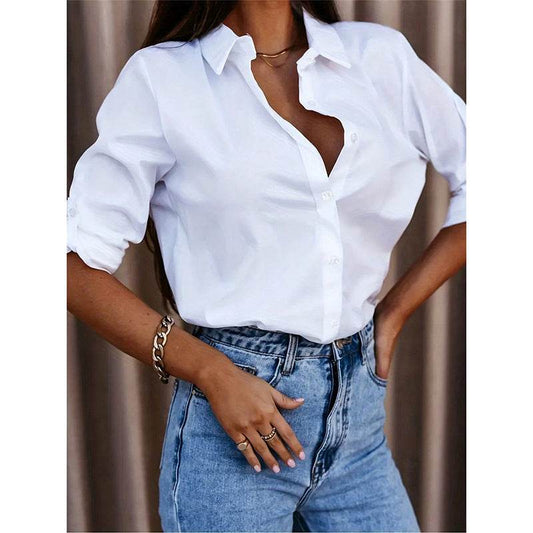 Women's Casual Long Sleeve Button-Down Shirt With Roll-Up Sleeves, Stylish Mid-Length Blouse For Everyday Wear - Velora