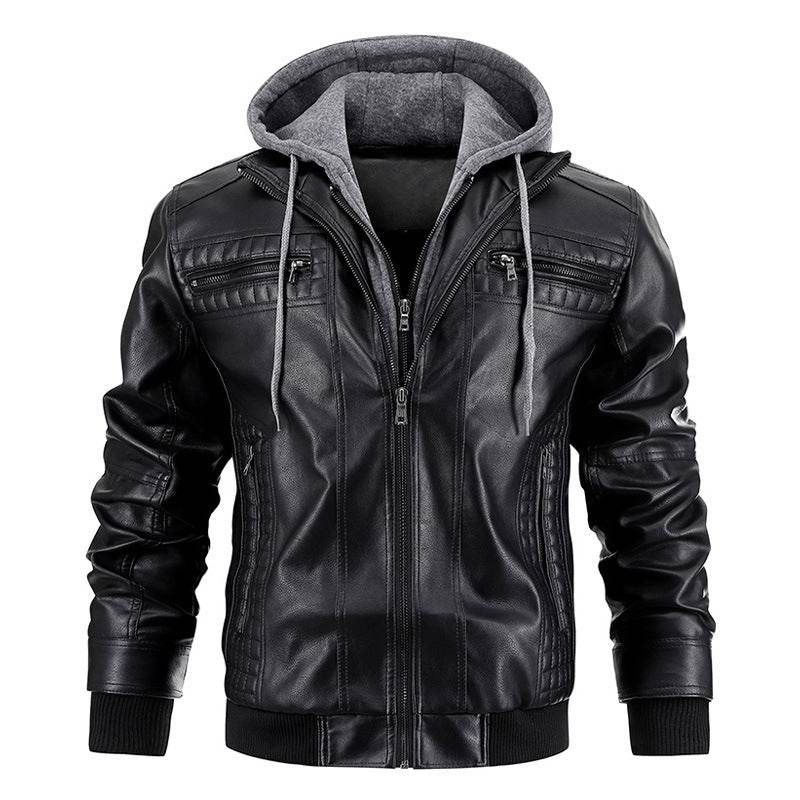 Hooded Jacket With Zipper Pockets Fashion Warm Pu Leather Coat Mens Clothing - Velora