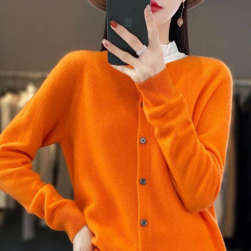 Fashion Merino Wool Cardigan Sweater Women O-Neck Long-sleeve Cashmere Knitwear Spring Autumn Female Clothing Tops - Velora