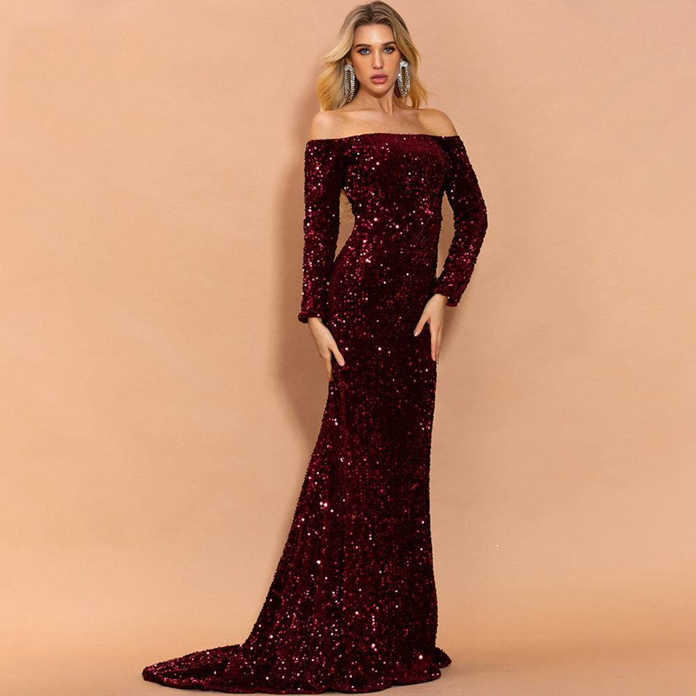 Sexy Strapless Long Sleeve Sequins Party Evening Dress - Velora