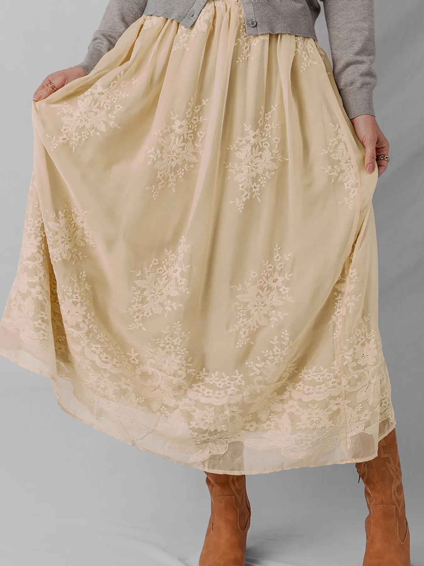 Embroidered Mesh Overlay Flowy Midi Skirt - Velora