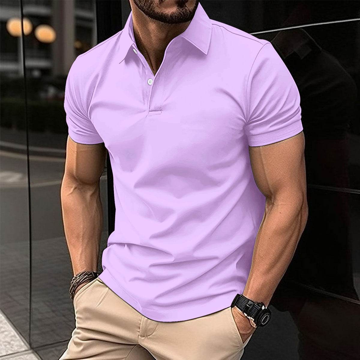Summer Short Sleeve Polo Shirt Men Solid Color Button Lapel Button Top - Velora