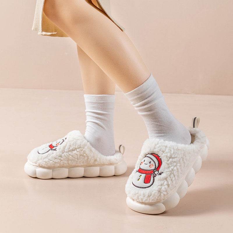 Cute Snowman Slippers Winter Indoor Household Warm Plush Thick-Soled Anti-slip Couple Home Slipper Soft Floor Bedroom House Shoes - Velora