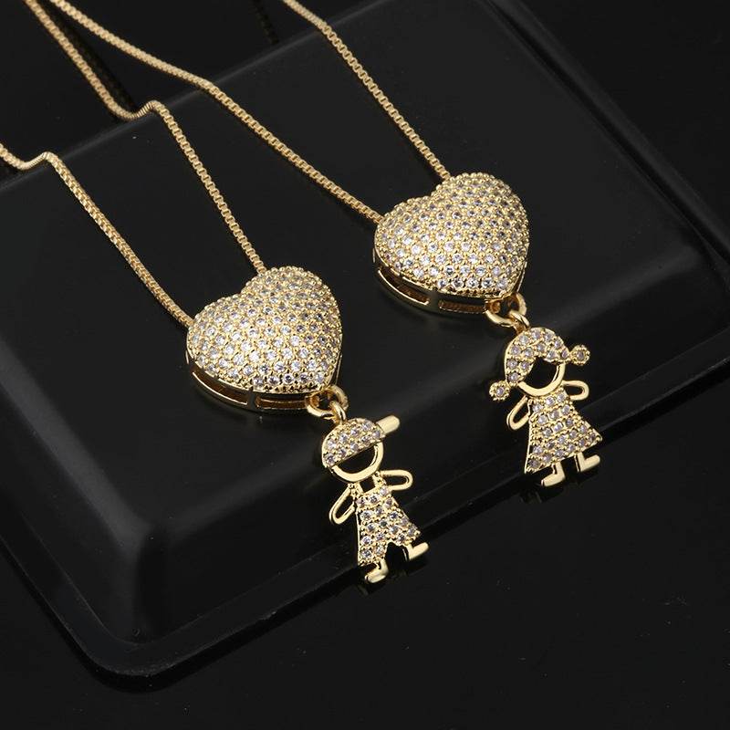 Fashion Jewelry Son Daughter Heart Gold Color Cubic Zirconia Family Girl Boy Pendant Necklace Chain Jewelry For Mother Gift - Velora