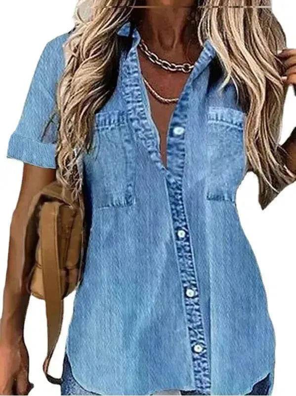Best Women Loose Denim-like Printed Short-sleeved Shirt Jeans Denim Shirt dress Denim Top dress - Velora