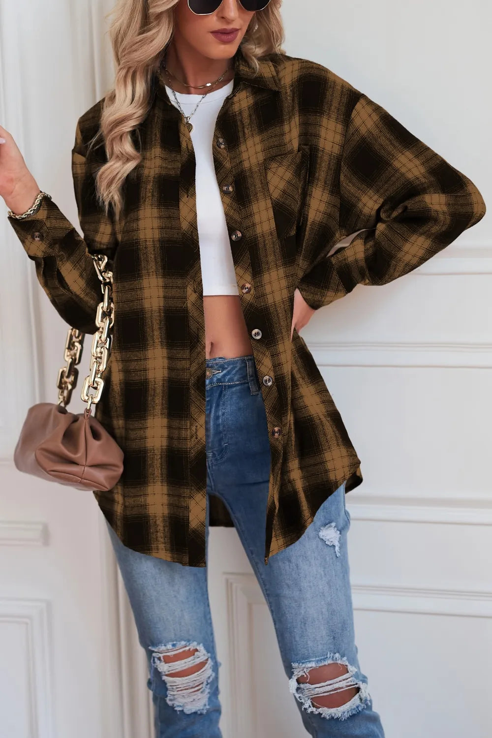 Plaid Button Up Dropped Shoulder Outerwear - Velora