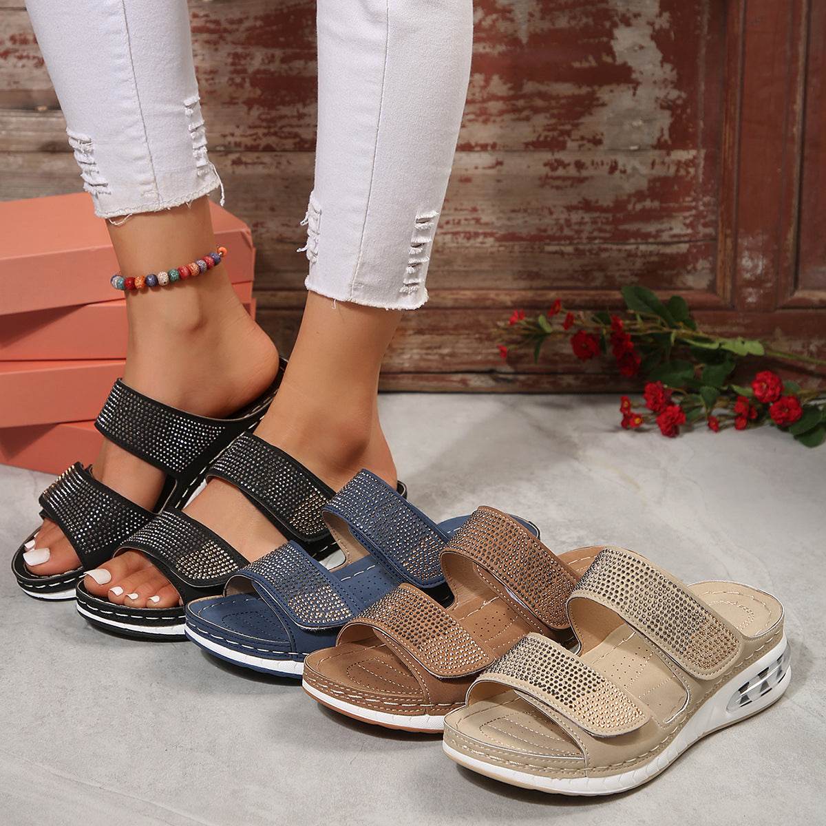 New Air Cushion Wedges Sandals Summer Casual Rhinestone Slides Roman Sandals For Women Non-slip Beach Shoes - Velora