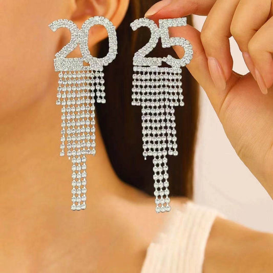 2025 Digital Rhinestone Letter Earrings For New Year Pendant Earrings Women's Festival Copper Inlaid Rhinestone Fashion Earrings Party Gift - Velora
