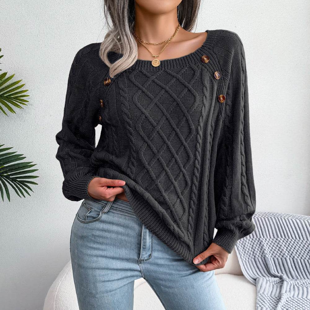 Square Neck Knitted Sweater With Button Design Winter Warm Long Sleeve Tops Women's Clothing - Velora