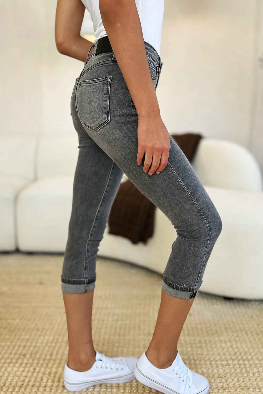 Judy Blue Full Size Button Fly High Waist Cuffed Capris - Velora