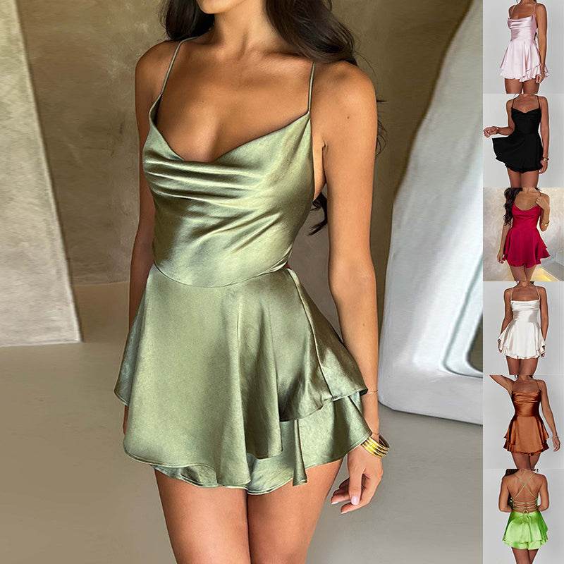 Sexy Suspender Skirt For Women Elegant Slim Strap Satin Backless Lace Up A-Line Short Dress Lady - Velora
