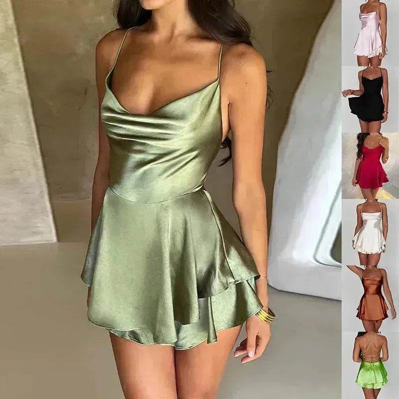 Elegant Chic Skirt Dress For Women Elegant Slim Strap Satin Backless Lace Up Ladies Party Mini Skater Dress - Velora