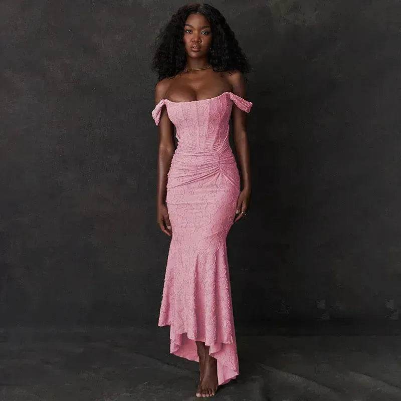 Fashion Off-neck Tube Top Stitching Hip Fishtail Dress for women. - Velora