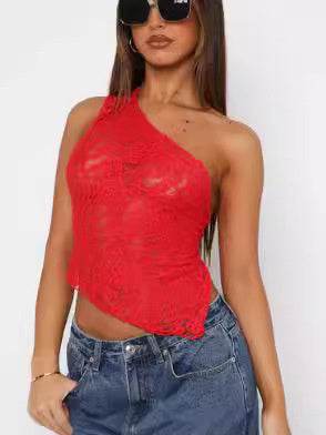 Ins Lace Backless Top Summer Solid Color Waistless Asymmetrical Sloped Neck Vest Streetwear Womens Clothes - Velora